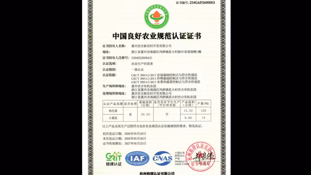 嘉兴世合有机农园小番茄温室与 China GAP 一级认证数字农业现场
